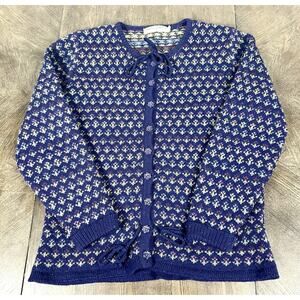 Vintage Laura Ashley 100% Pure Wool Fair Isle Pattern Cardigan Sweater Size S